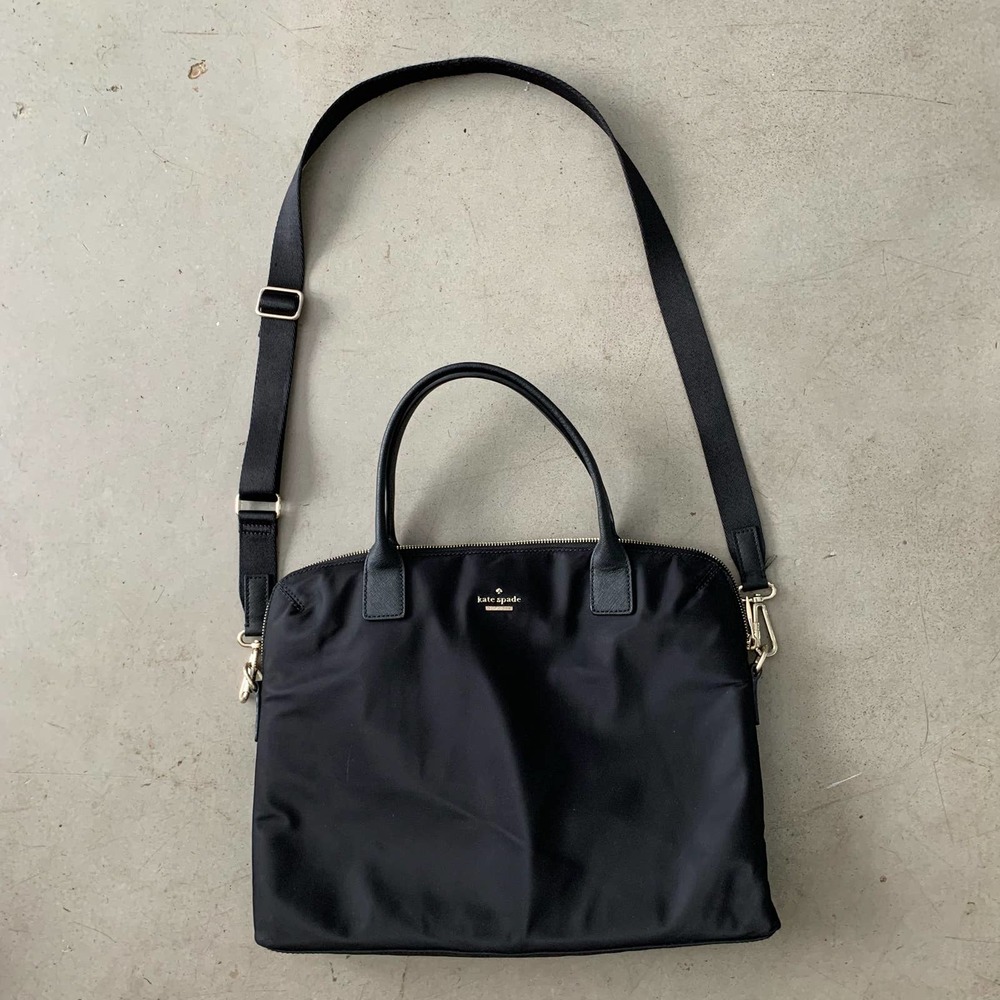Kate Spade Laptop Messenger Bag Briefcase-Black-Nylon, Leather Trim, Striped